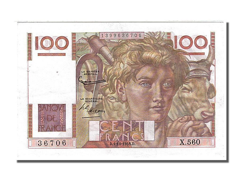 Billete, Francia, 100 Francs, 100 F 1945-1954 ''Jeune Paysan'', 1953