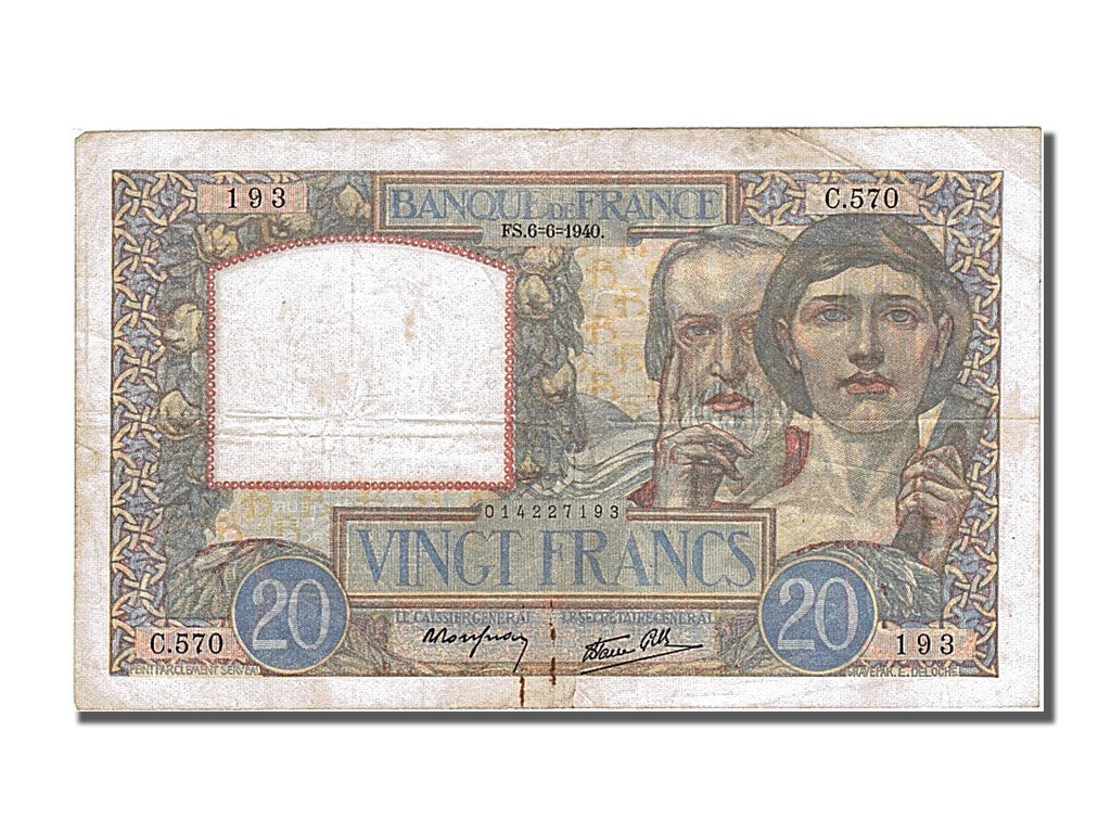 Banknote, France, 20 Francs, 20 F 1939-1942 ''Science et Travail'', 1940
