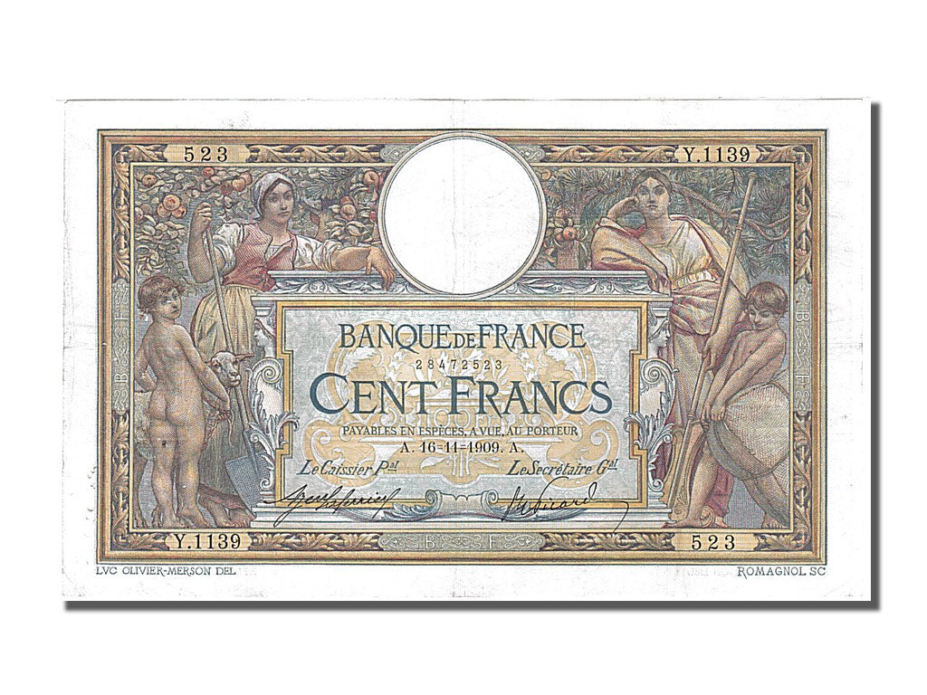 Banknote, France, 100 Francs, 100 F 1908-1939 ''Luc Olivier Merson'', 1909