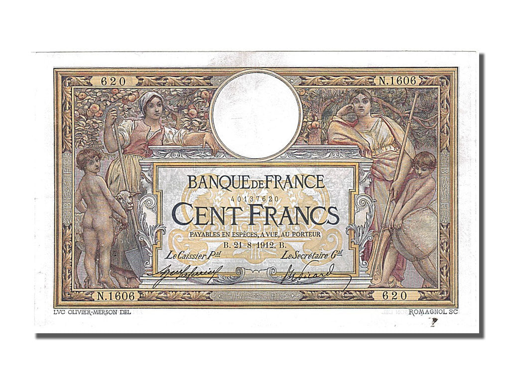Banknote, France, 100 Francs, 100 F 1908-1939 ''Luc Olivier Merson'', 1912