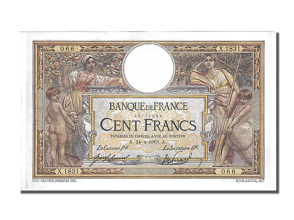 Banknote, France, 100 Francs, 100 F 1908-1939 ''Luc Olivier Merson'', 1913