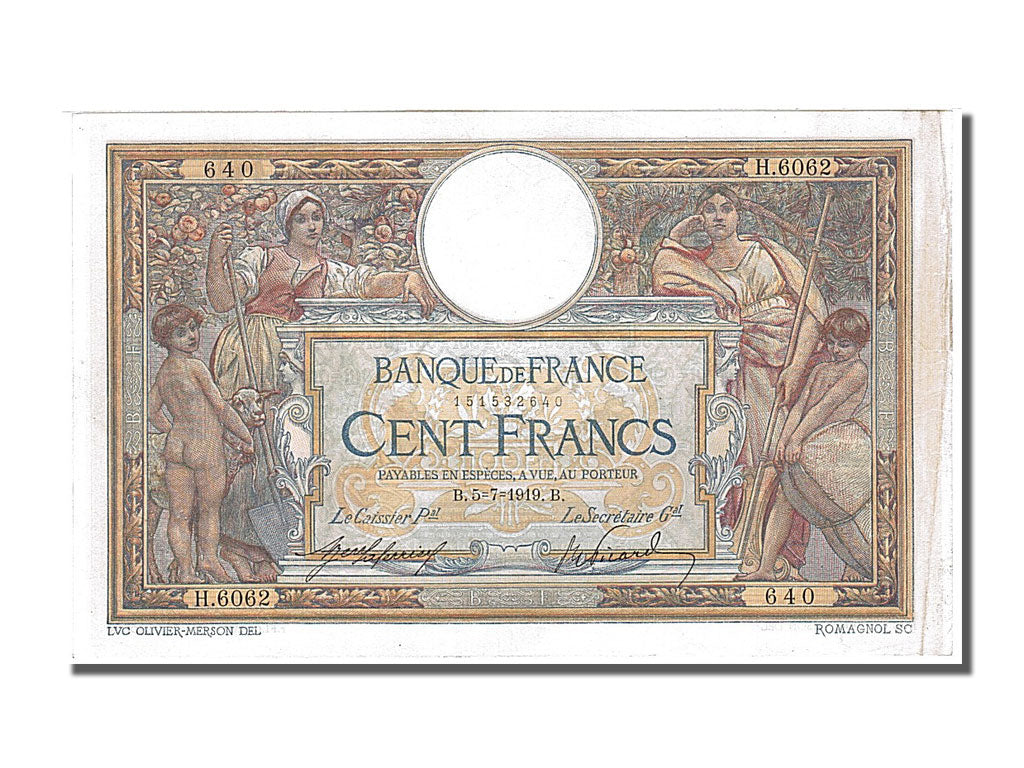 Billet, France, 100 Francs, 100 F 1908-1939 ''Luc Olivier Merson'', 1919