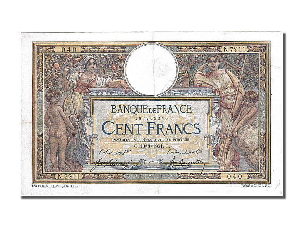 Banknote, France, 100 Francs, 100 F 1908-1939 ''Luc Olivier Merson'', 1921