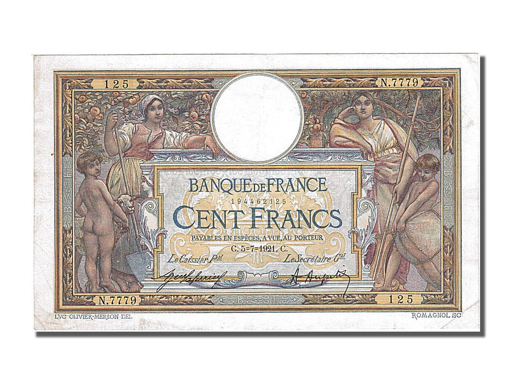 Banknote, France, 100 Francs, 100 F 1908-1939 ''Luc Olivier Merson'', 1921