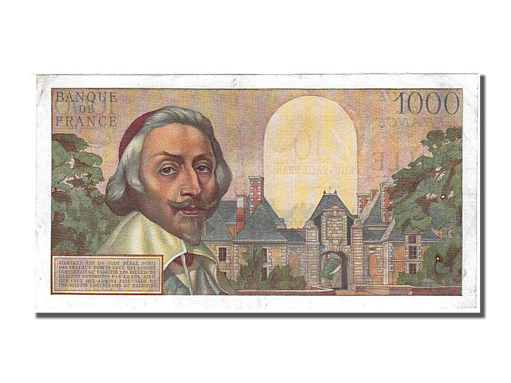 Geldschein, Frankreich, 10 Nouveaux Francs on 1000 Francs, 1955-1959 Overprinted