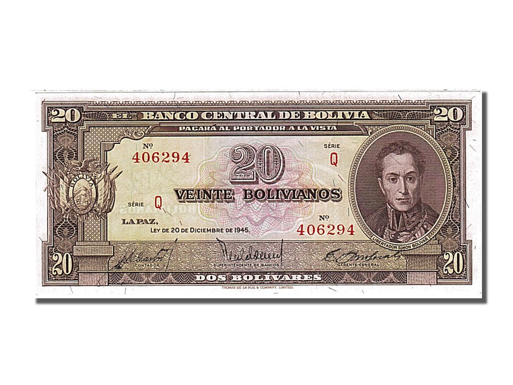 Banknote, Bolivia, 20 Bolivianos, 1945, 1945-12-20, UNC(65-70)