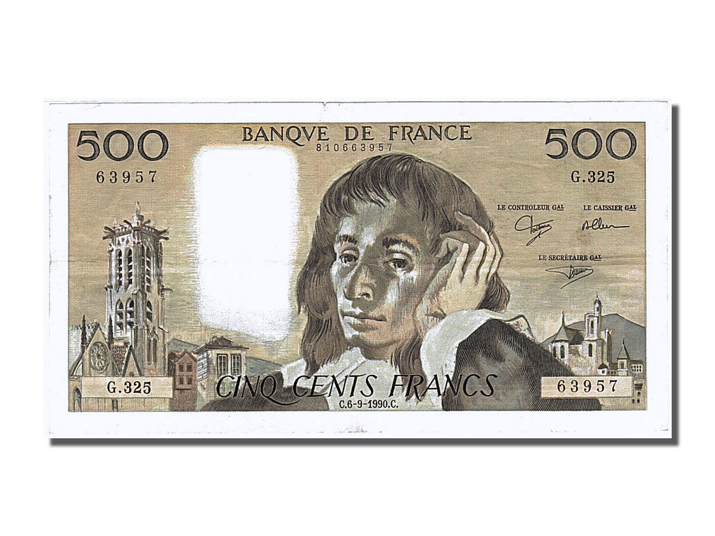 Banknot, Francja, 500 Francs, Pascal, 1990, 1990-09-06, AU(50-53)