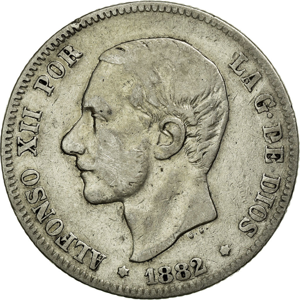 Moneta, Spagna, Alfonso XII, 2 Pesetas, 1882, BB, Argento, KM:678.2