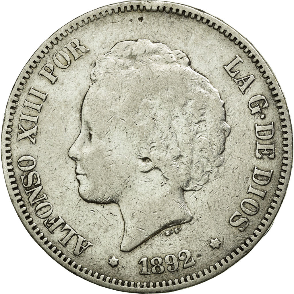 Moneda, España, Alfonso XIII, 5 Pesetas, 1892, MBC, Plata, KM:700