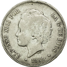 Moneda, España, Alfonso XIII, 5 Pesetas, 1892, MBC, Plata, KM:700