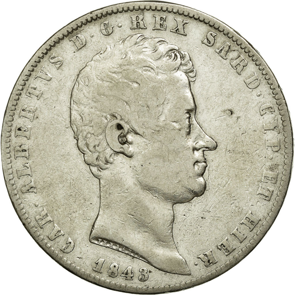 Coin, ITALIAN STATES, SARDINIA, Carlo Alberto, 5 Lire, 1843, VF(30-35), Silver