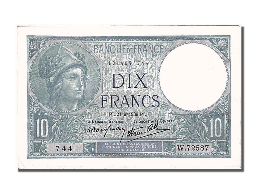 Geldschein, Frankreich, 10 Francs, 10 F 1916-1942 ''Minerve'', 1939, 1939-09-21