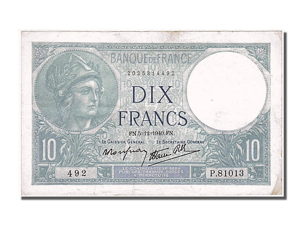 Billete, Francia, 10 Francs, 10 F 1916-1942 ''Minerve'', 1940, 1940-12-05, EBC