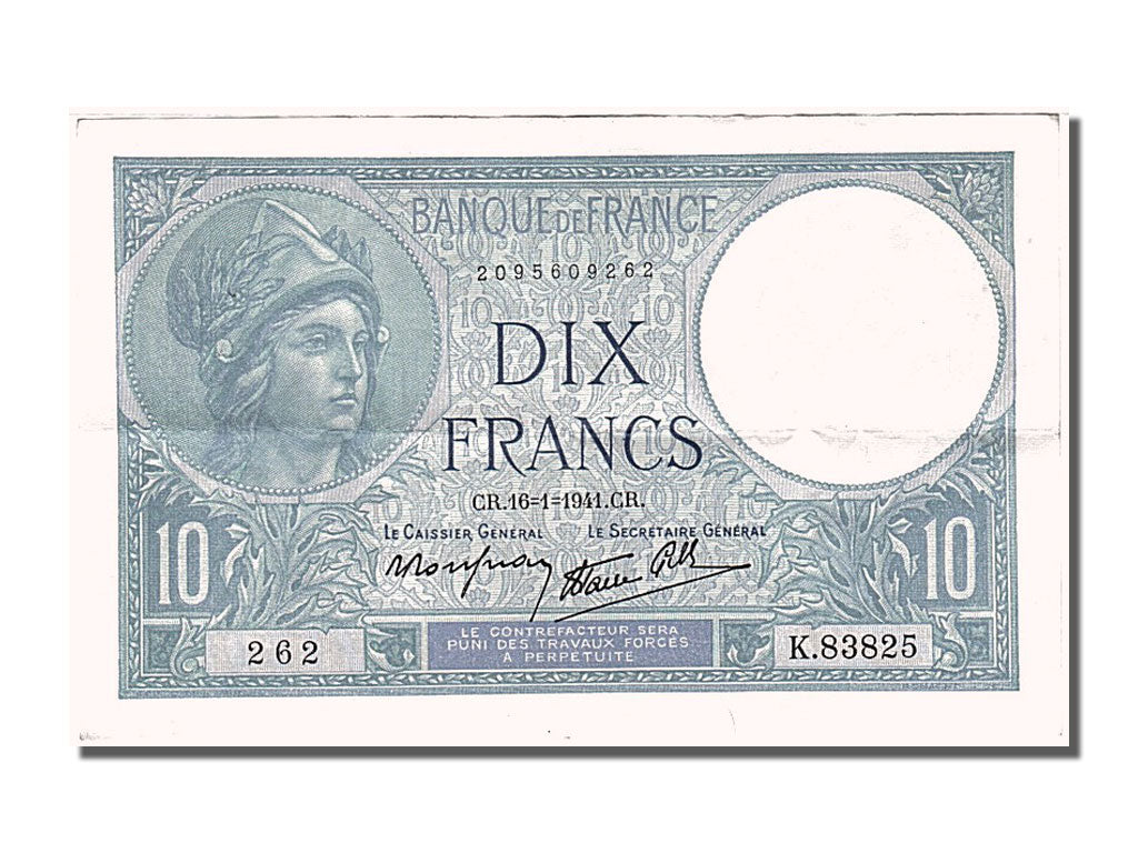 Banknot, Francja, 10 Francs, Minerve, 1941, 1941-01-16, AU(55-58), Fayette:7.28