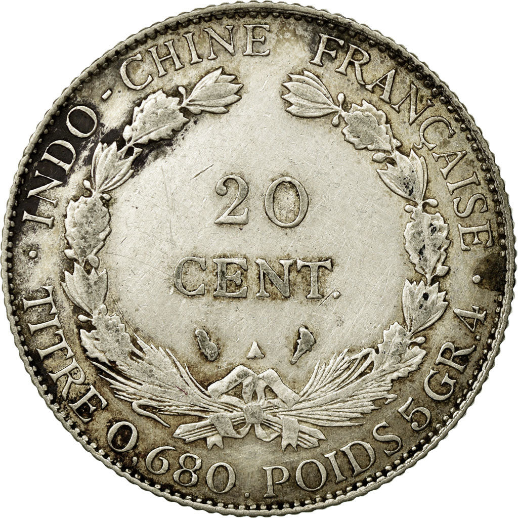 French Indochina, 20 Cents, 1928, Paris, Silver, EF(40-45), Lecompte:228