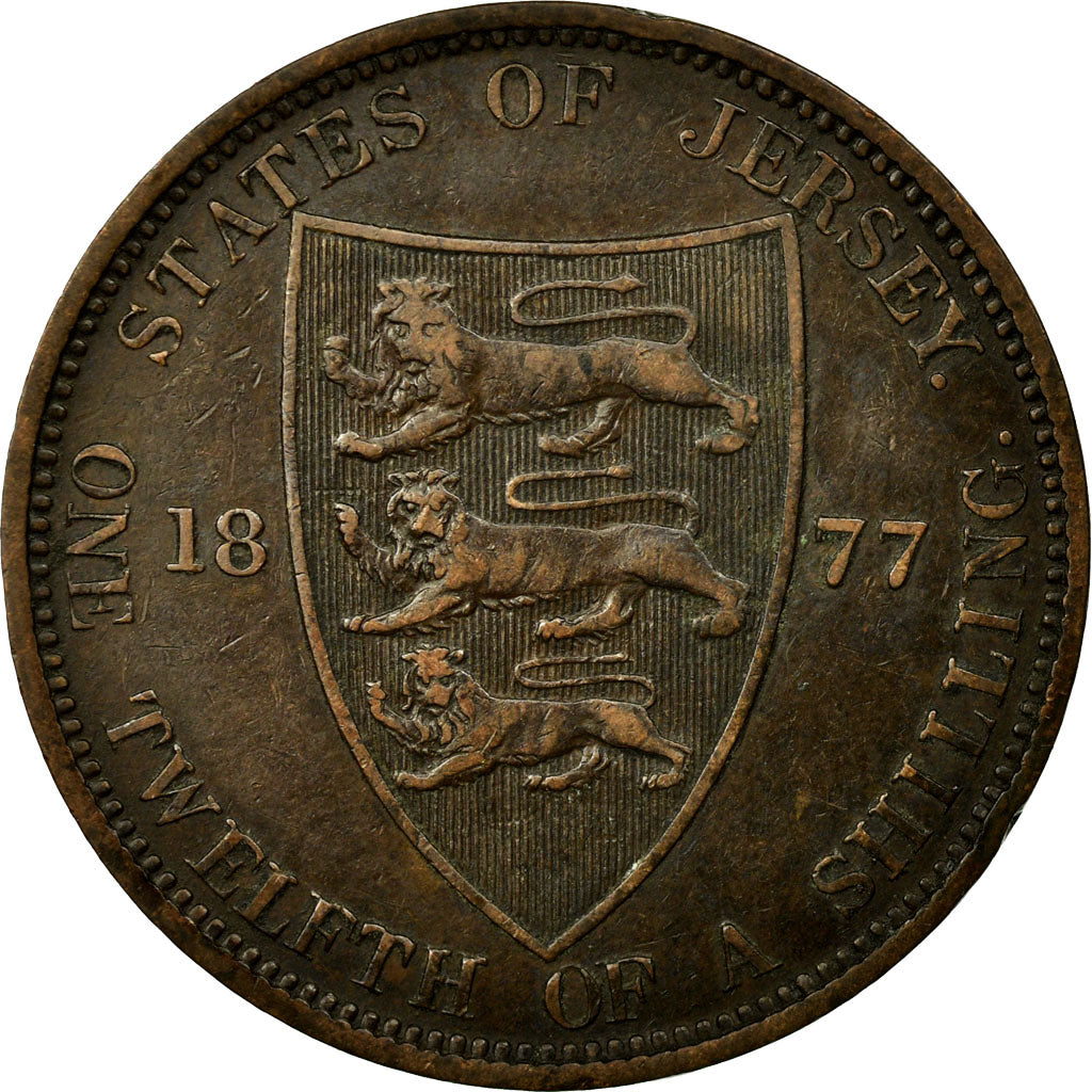 Jersey, Victoria, 1/12 Shilling, 1877, Heaton, Bronze, EF(40-45), KM:8