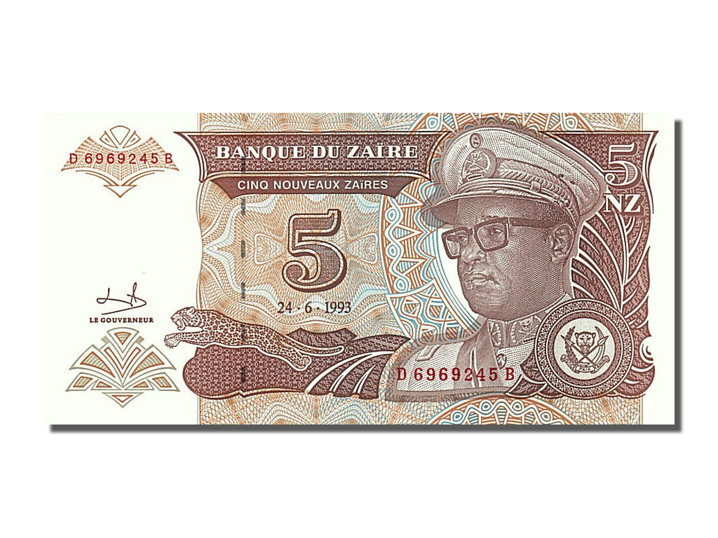Billet, Zaïre, 5 Nouveaux Zaïres, 1993, 1993-06-24, NEUF