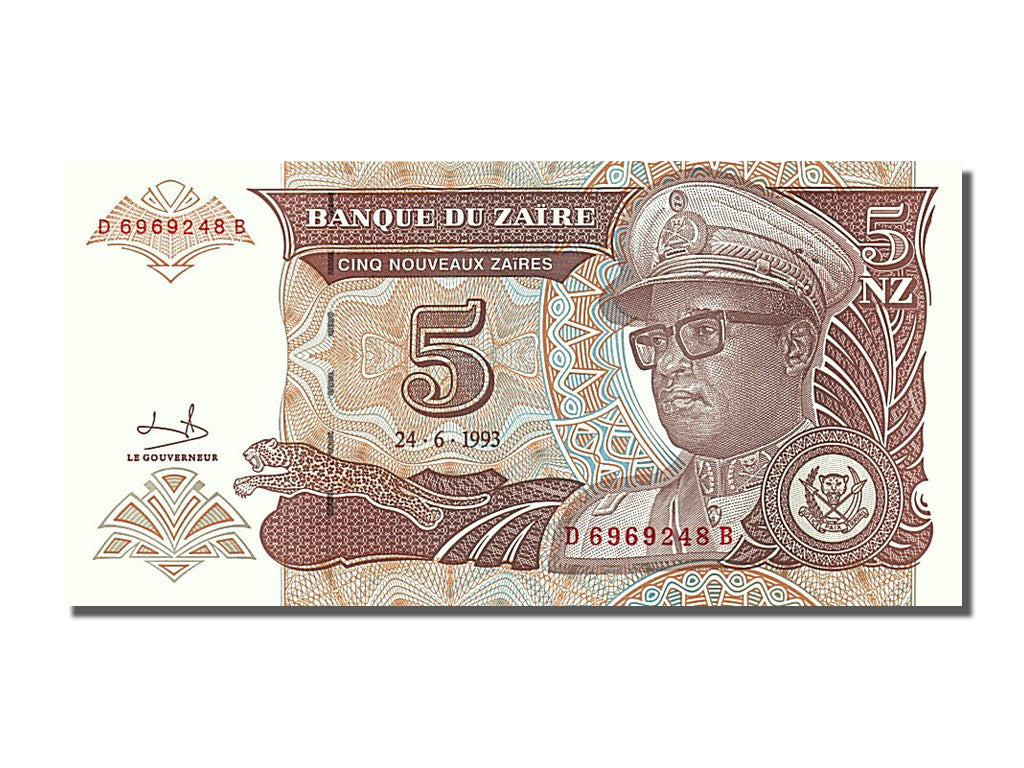 Billet, Zaïre, 5 Nouveaux Zaïres, 1993, 1993-06-24, NEUF
