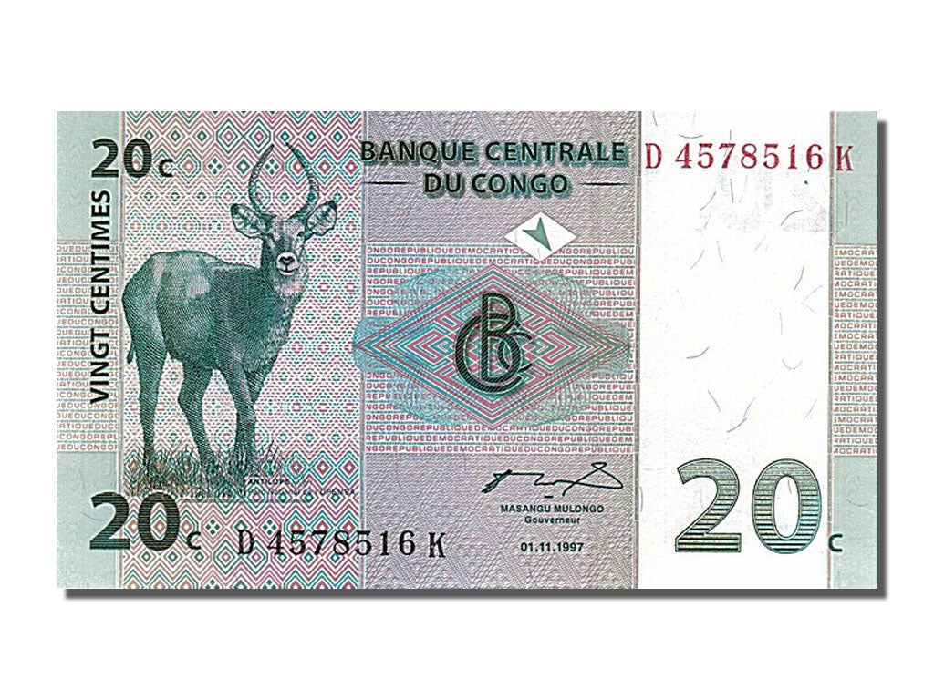 Banknote, Congo Democratic Republic, 20 Centimes, 1997, 1997-11-01, UNC(65-70)