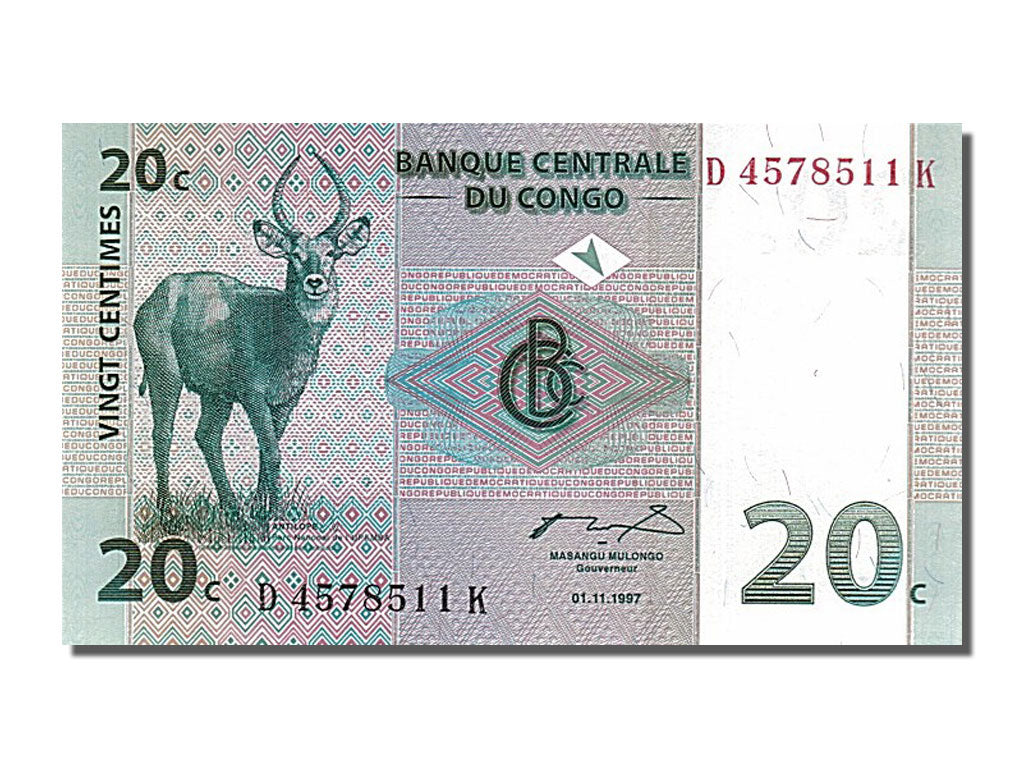Biljet, Democratische Republiek Congo, 20 Centimes, 1997, 1997-11-01, NIEUW