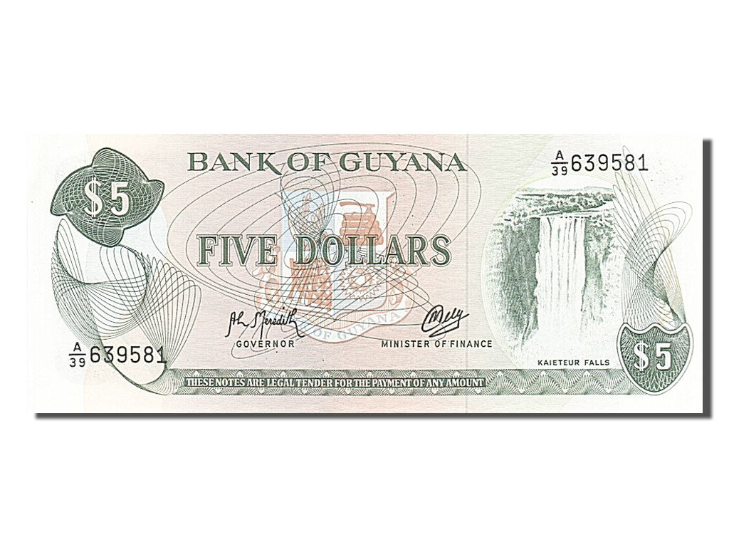 Biljet, Guyana, 5 Dollars, 1966, NIEUW
