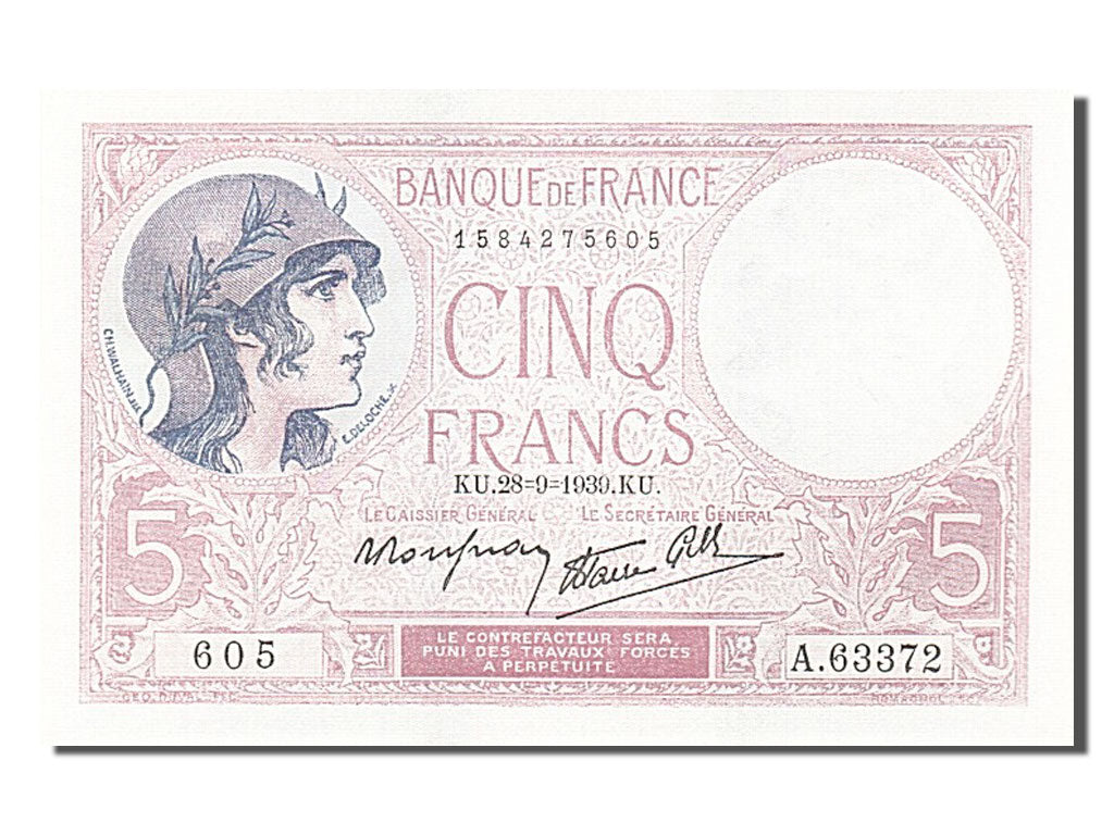 Banknote, France, 5 Francs, 5 F 1917-1940 ''Violet'', 1939, 1939-09-28