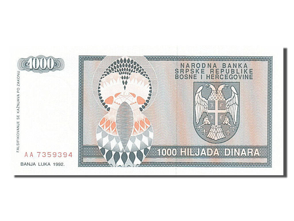 Banknote, Bosnia - Herzegovina, 1000 Dinara, 1992, UNC(65-70)