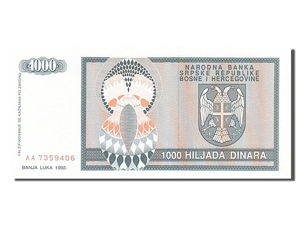 Banknote, Bosnia - Herzegovina, 1000 Dinara, 1992, UNC(65-70)