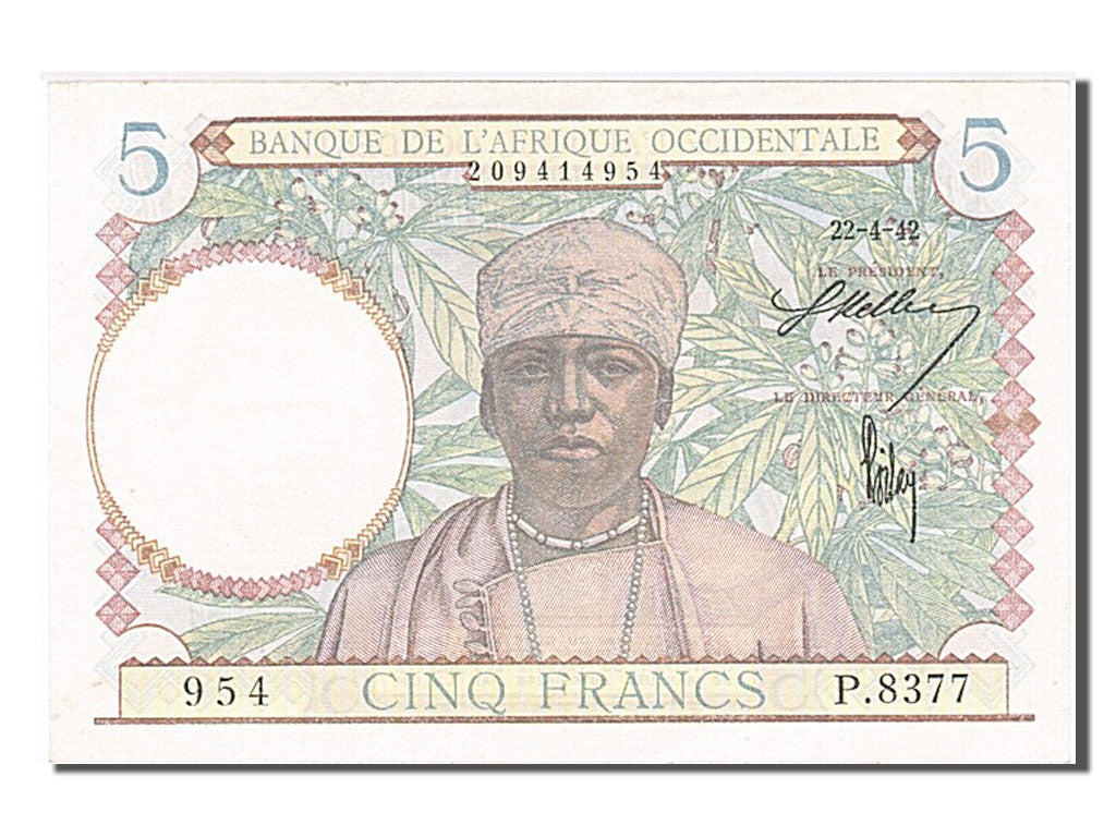 Banknote, French West Africa, 5 Francs, 1942, 1942-04-22, UNC(63)