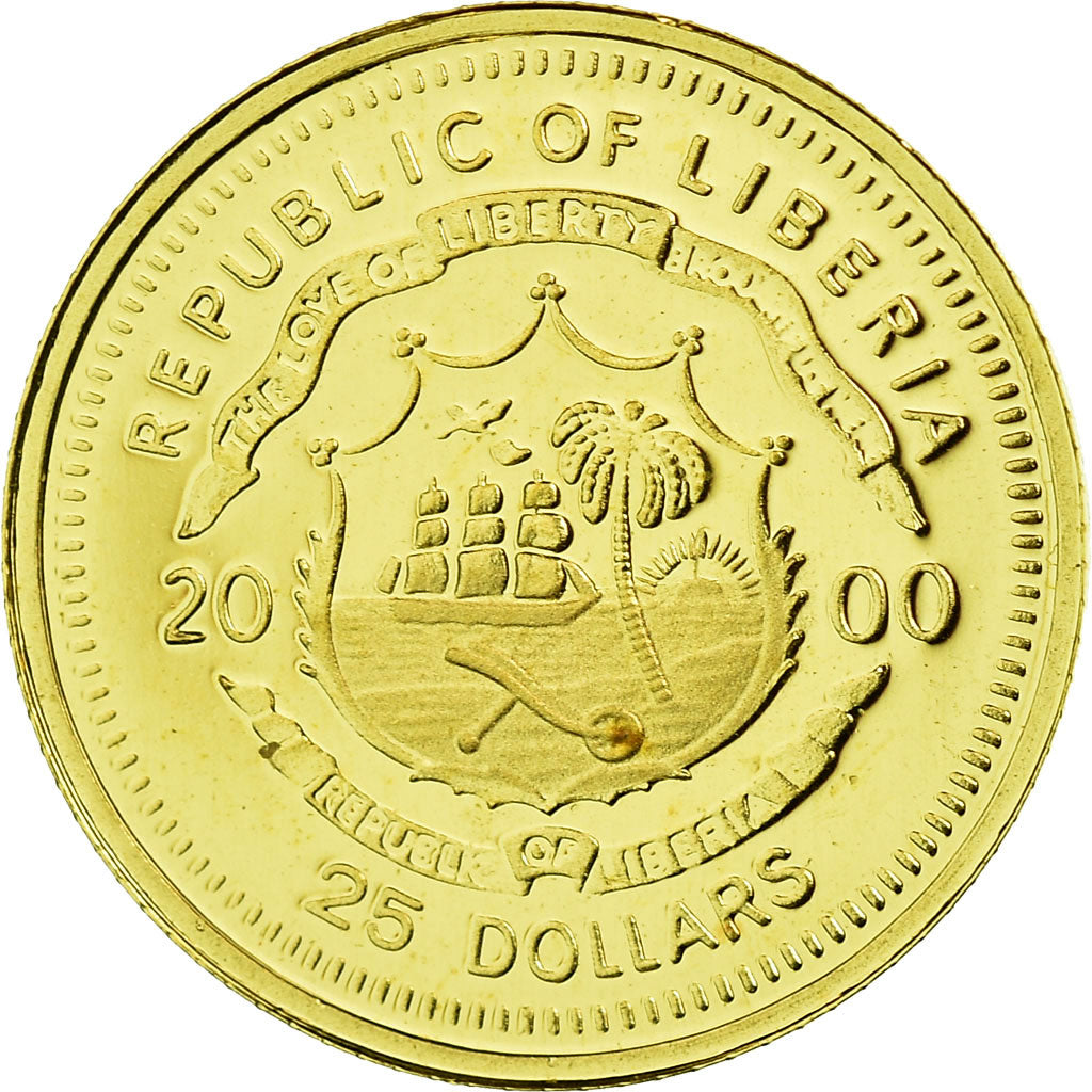 Liberia, 25 Dollars, Christophe Colomb, 2000, American Mint, Oro, FDC, KM:626