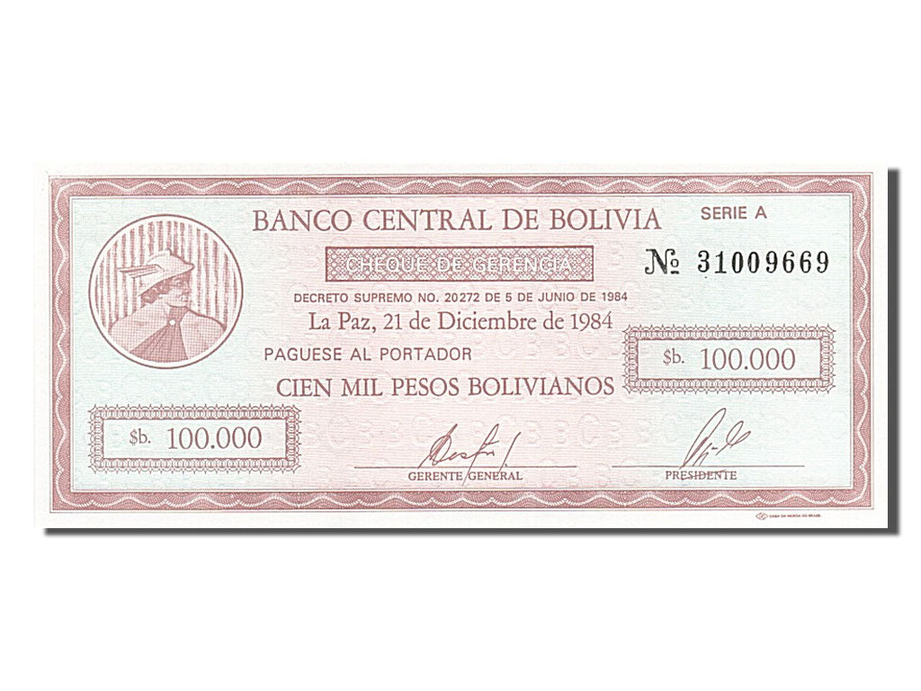 Banknote, Bolivia, 100,000 Pesos Bolivianos, 1984, 1984-12-21, UNC(65-70)