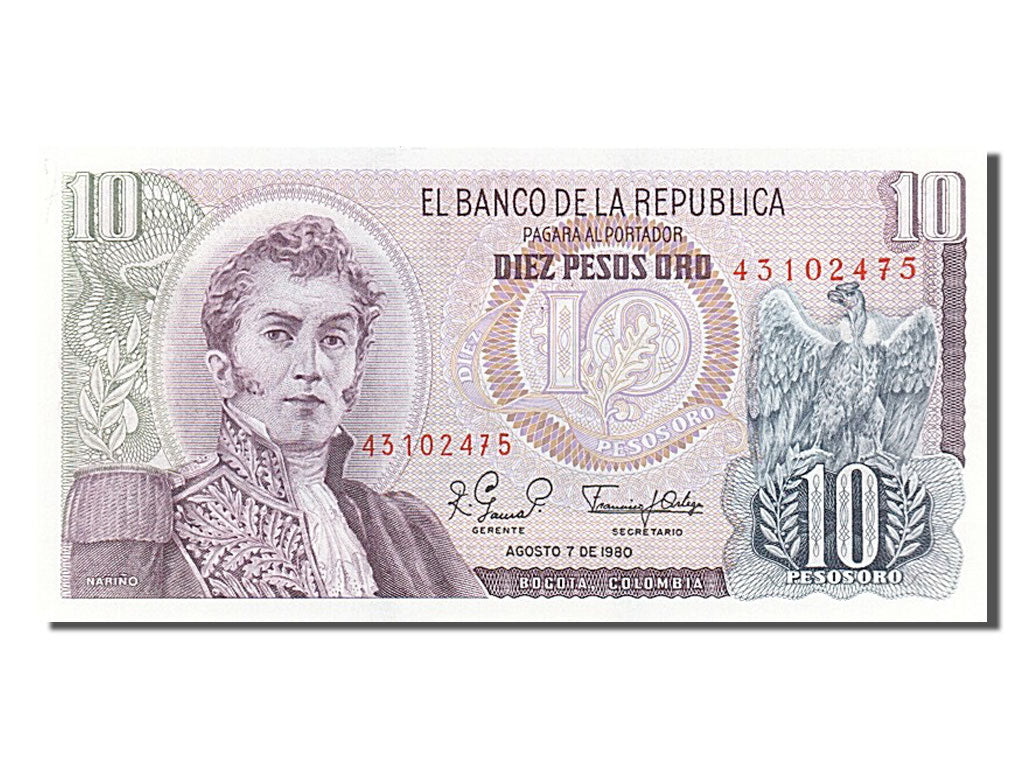 Banknote, Colombia, 10 Pesos Oro, 1980, 1980-08-07, UNC(65-70)