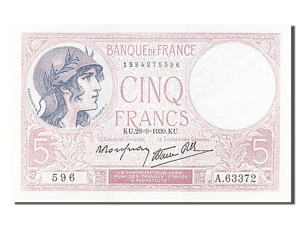 Biljet, Frankrijk, 5 Francs, 5 F 1917-1940 ''Violet'', 1939, 1939-09-28, NIEUW