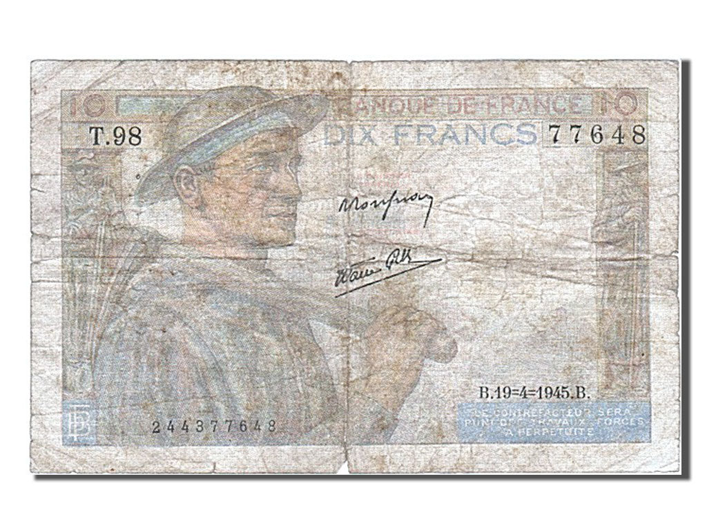 Banknote, France, 10 Francs, 10 F 1941-1949 ''Mineur'', 1945, 1945-04-19