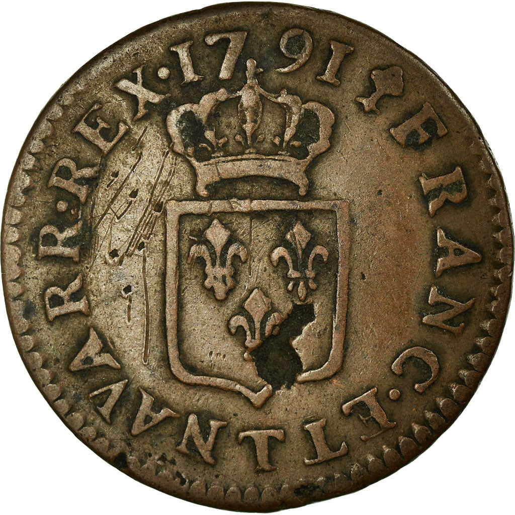 France, Louis XVI, Liard, Liard, 1791, Nantes, Copper, EF(40-45), Gadoury:348