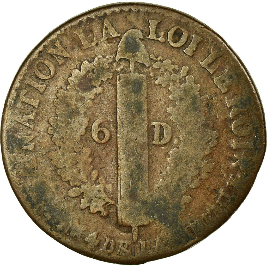 Francia, 6 Deniers, 6 deniers français, 1792, Strasbourg, Bronzo, MB, Gadoury:7