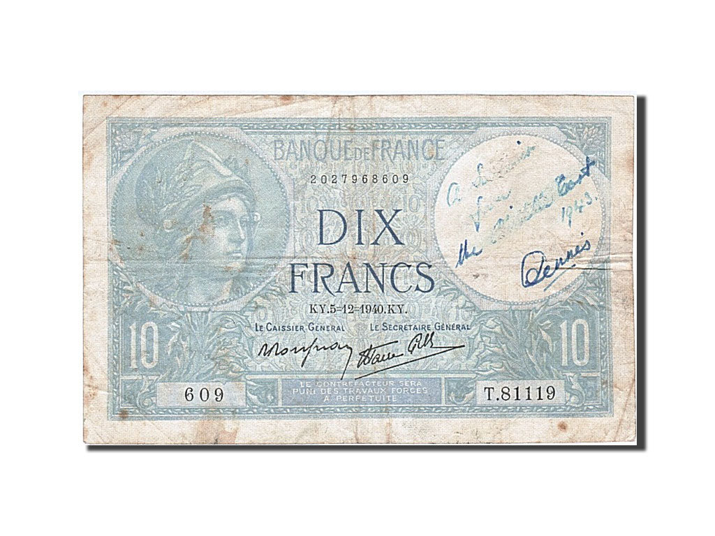 Banknot, Francja, 10 Francs, Minerve, 1940, 1940-12-05, F(12-15), Fayette:7.23