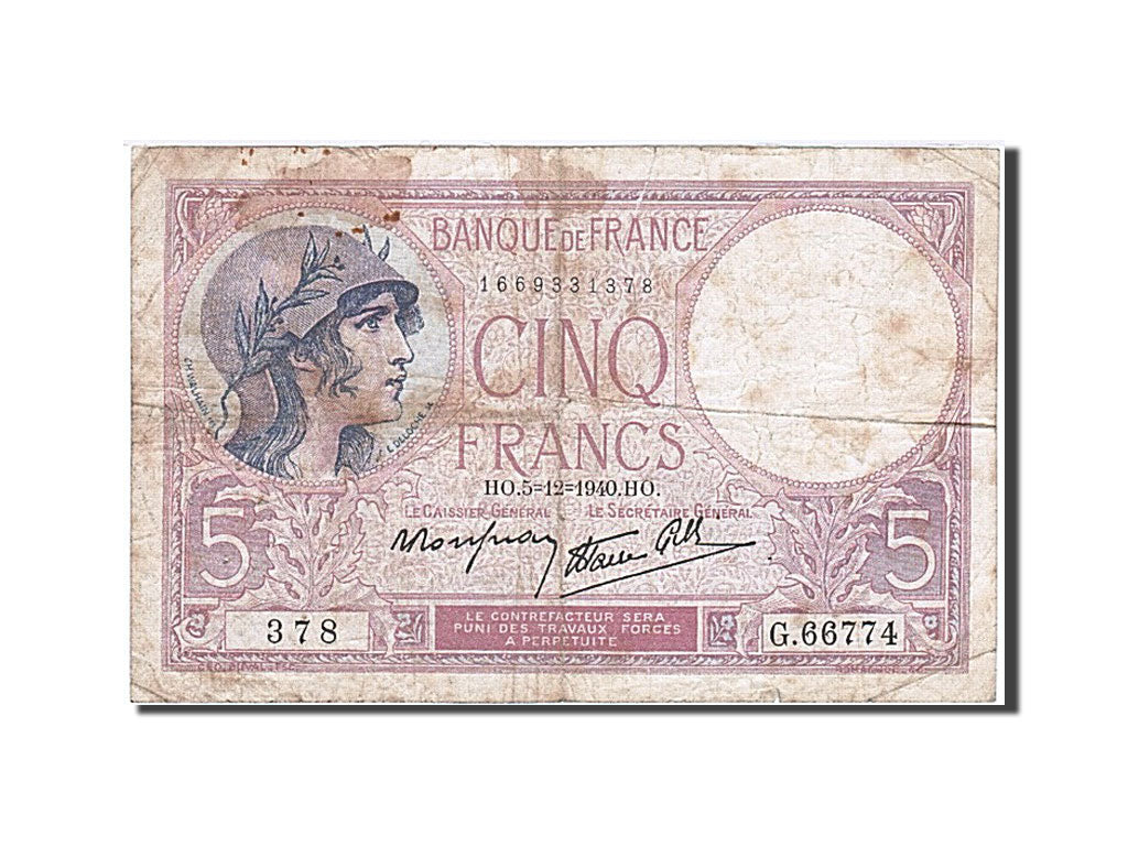 Banconote, Francia, 5 Francs, 5 F 1917-1940 ''Violet'', 1940, 1940-12-05, B+