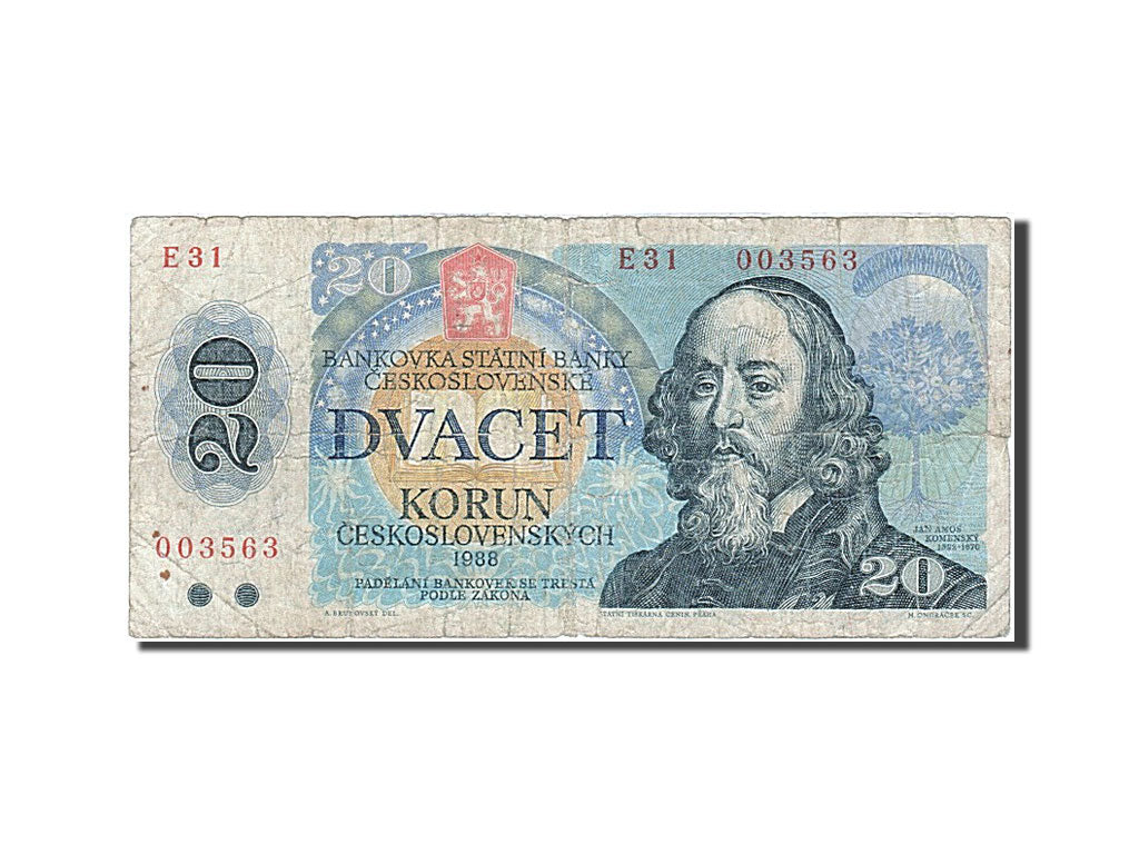 Billet, Tchécoslovaquie, 20 Korun, 1988, B+