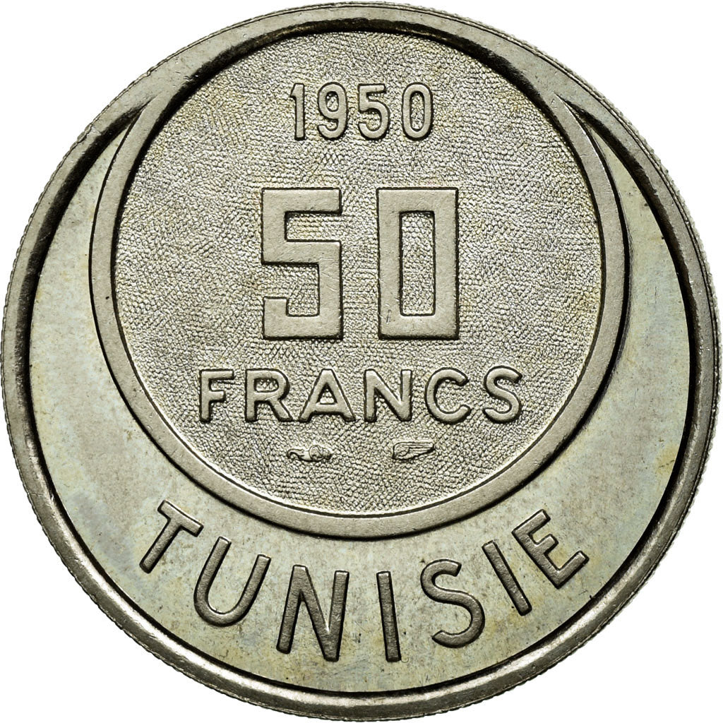 Tunisia, Muhammad al-Amin Bey, 50 Francs, 1950, Paris, Copper-nickel, MS(60-62)