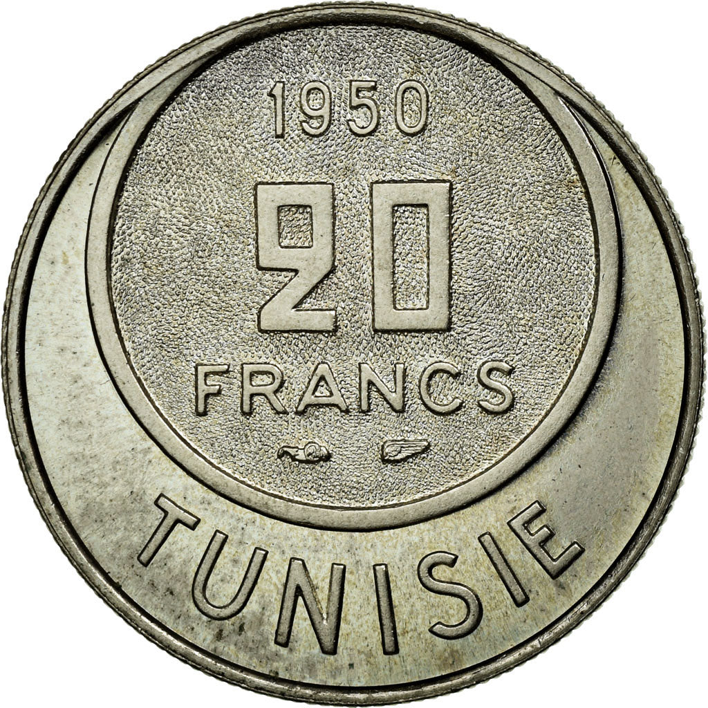 Tunisia, Muhammad al-Amin Bey, 20 Francs, 1950, Paris, Copper-nickel, MS(60-62)
