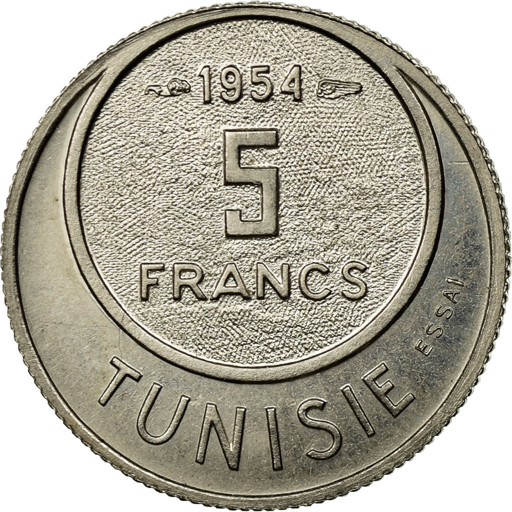 Tunisia, Muhammad al-Amin Bey, 5 Francs, 1954, Paris, Copper-nickel, MS(65-70)