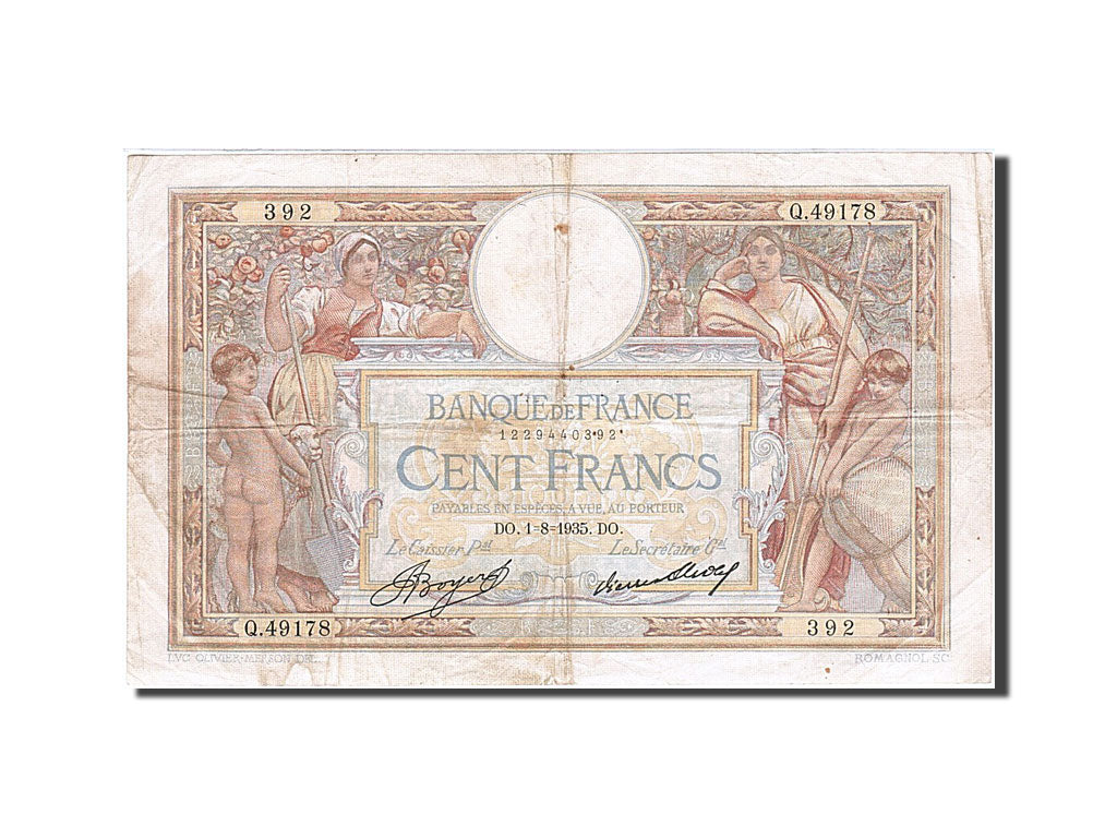 Banknote, France, 100 Francs, 100 F 1908-1939 ''Luc Olivier Merson'', 1935