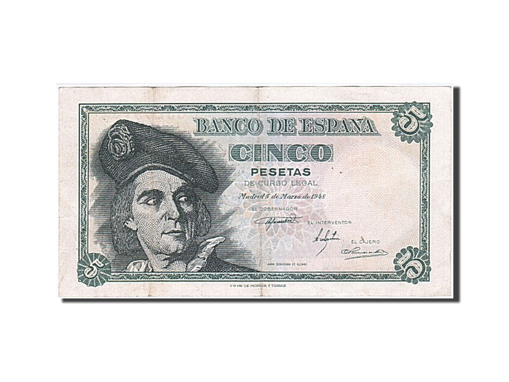 Biljet, Spanje, 5 Pesetas, 1948, 1948-03-05, TTB+