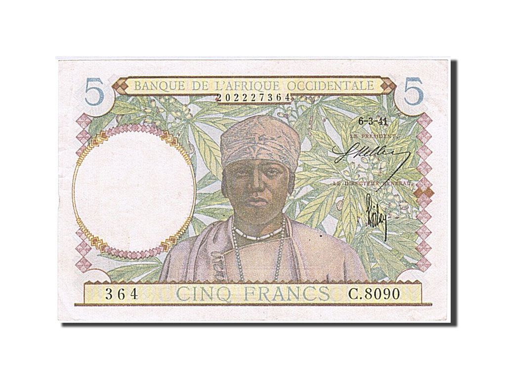 Banknote, French West Africa, 5 Francs, 1941, 1941-03-06, UNC(60-62)