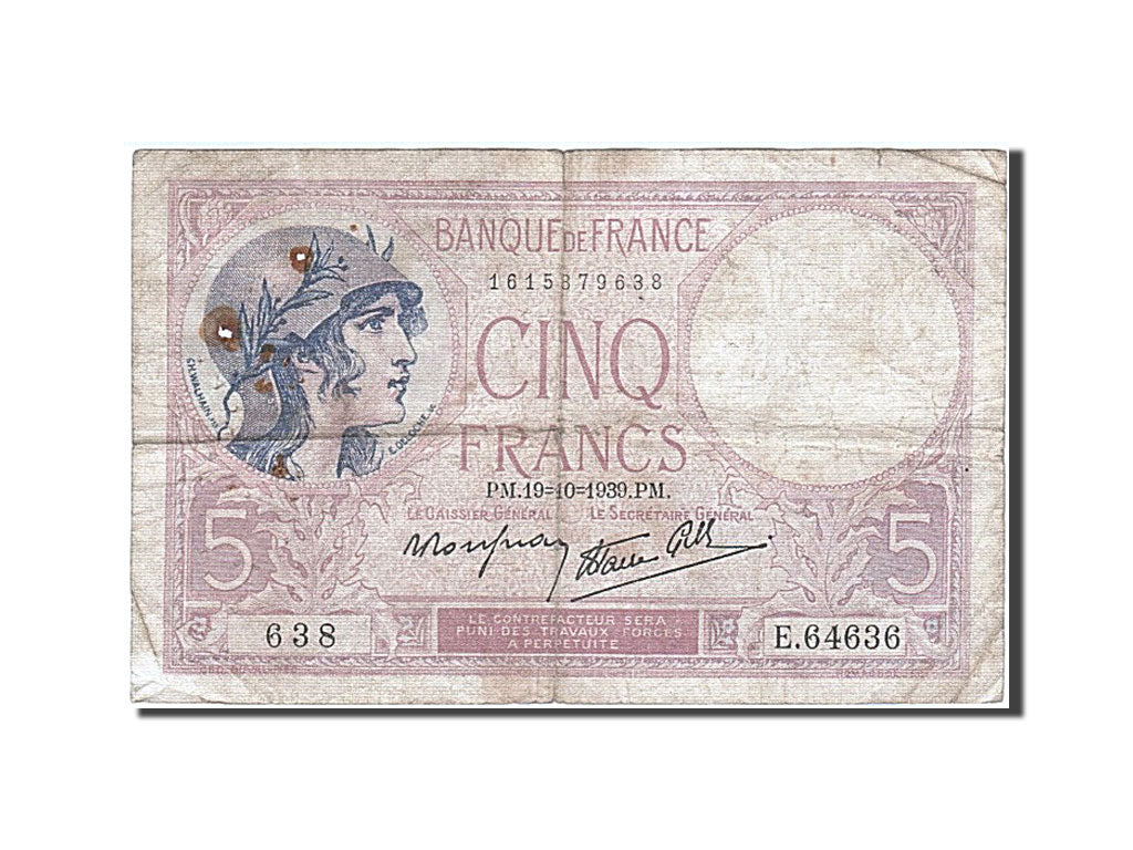 Banconote, Francia, 5 Francs, 5 F 1917-1940 ''Violet'', 1939, 1939-10-19, B