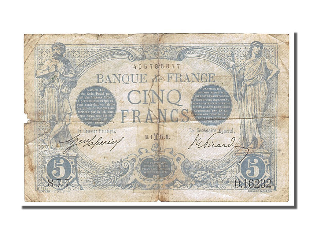 Francja, 5 Francs, Bleu, 1917, VF(20-25), Fayette:2.48, KM:70