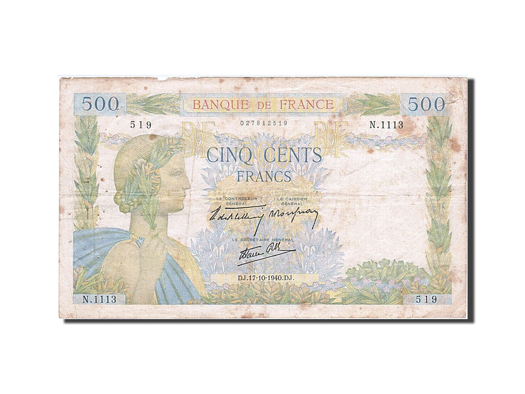Banconote, Francia, 500 Francs, 500 F 1940-1944 ''La Paix'', 1940, 1940-10-17