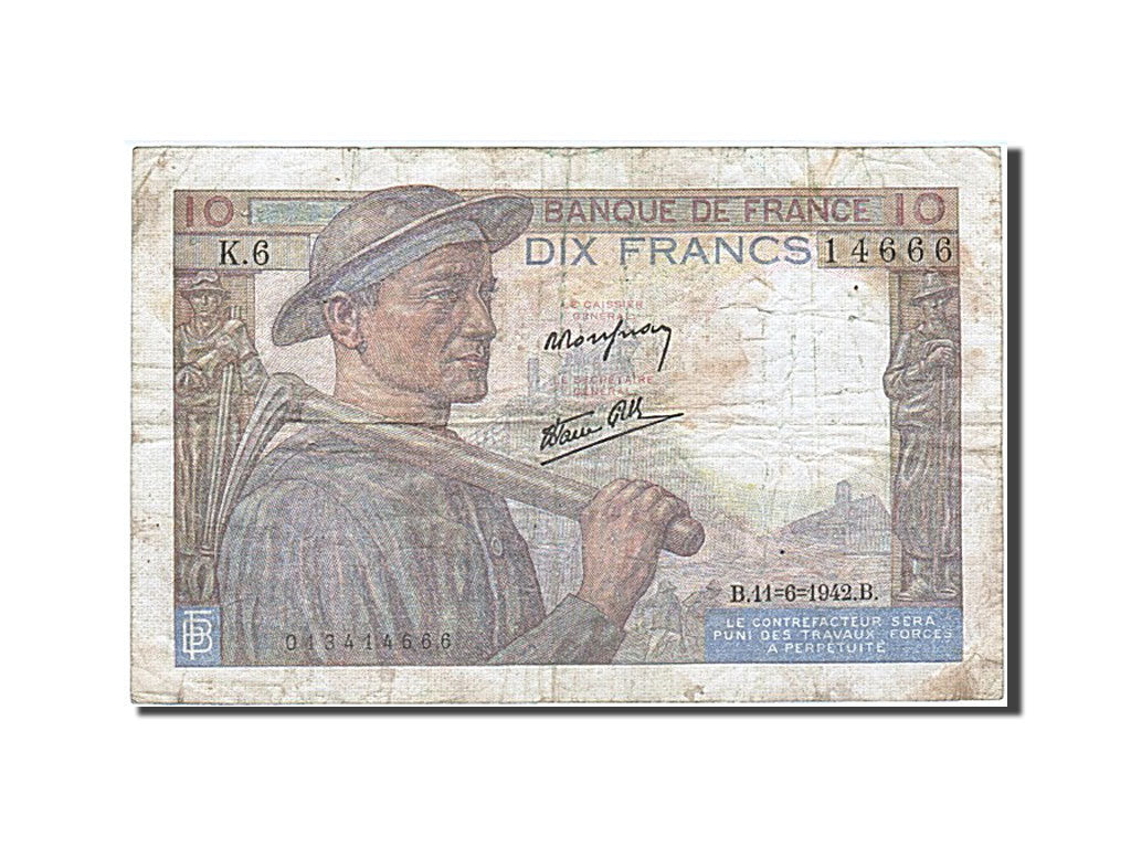 Billet, France, 10 Francs, 10 F 1941-1949 ''Mineur'', 1942, 1942-06-11, TB