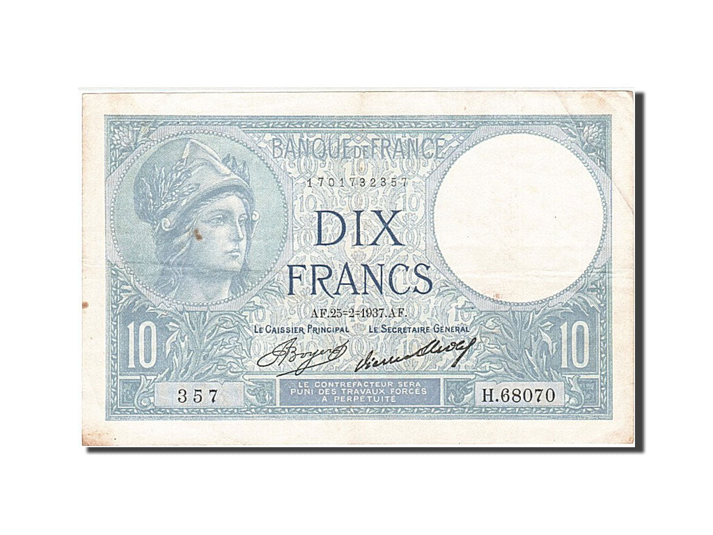 Banknot, Francja, 10 Francs, Minerve, 1937, 1937-02-25, EF(40-45), Fayette:6.18